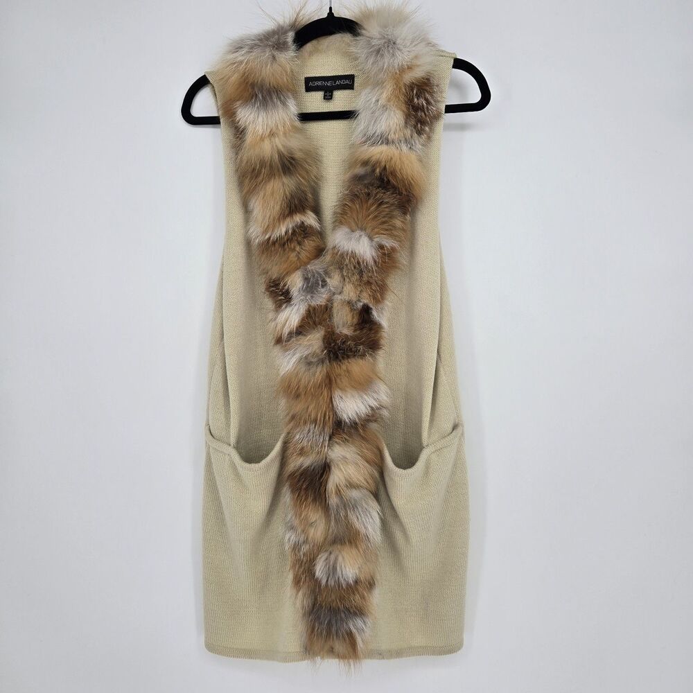 Adrienne Landau Genuine Fox Fur Trim Womens L Wool Blend Long Knit‎ Vest Luxury